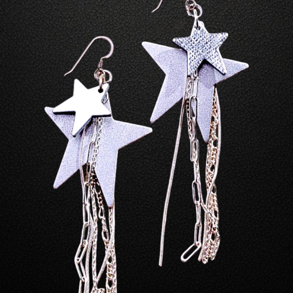 Dazzling Silver Star Drop Earrings with Chain Fringe